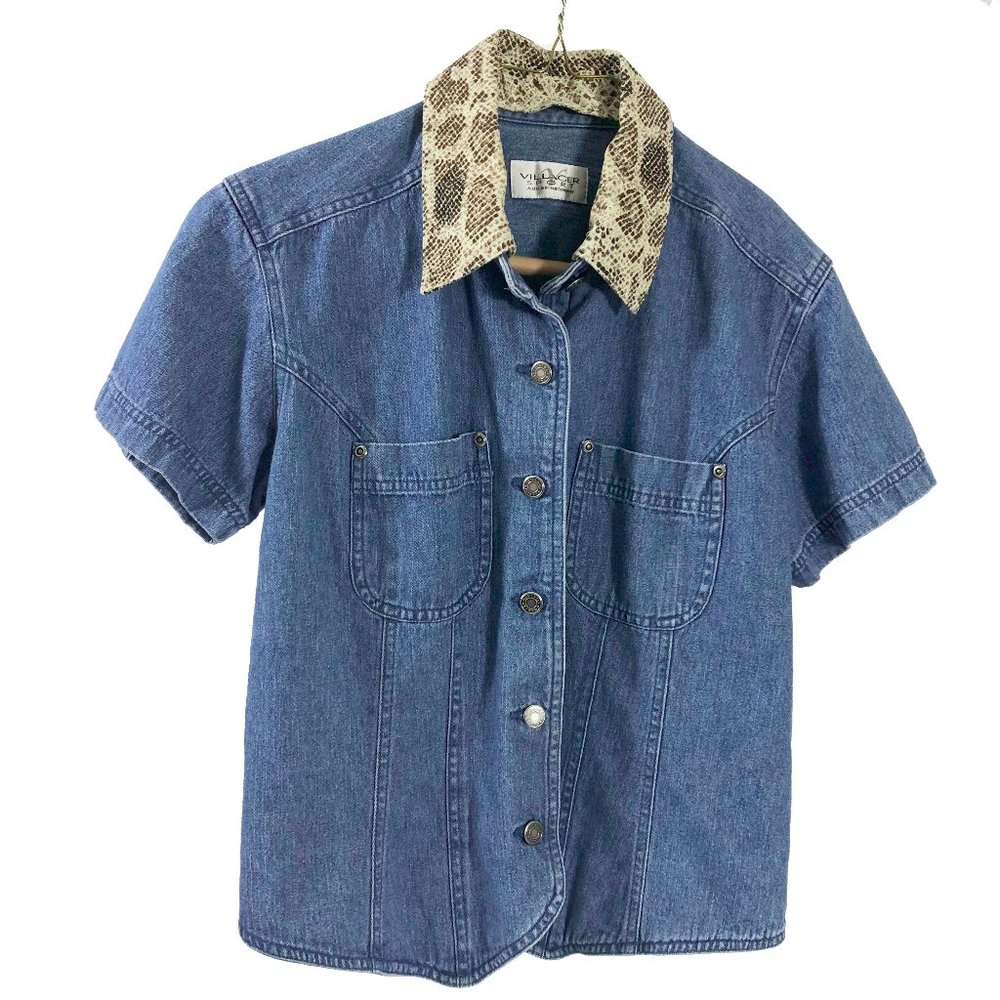 EUC Villager Sport by Liz Claiborne Blue Denim Cropped Jacket Snake Print Collar